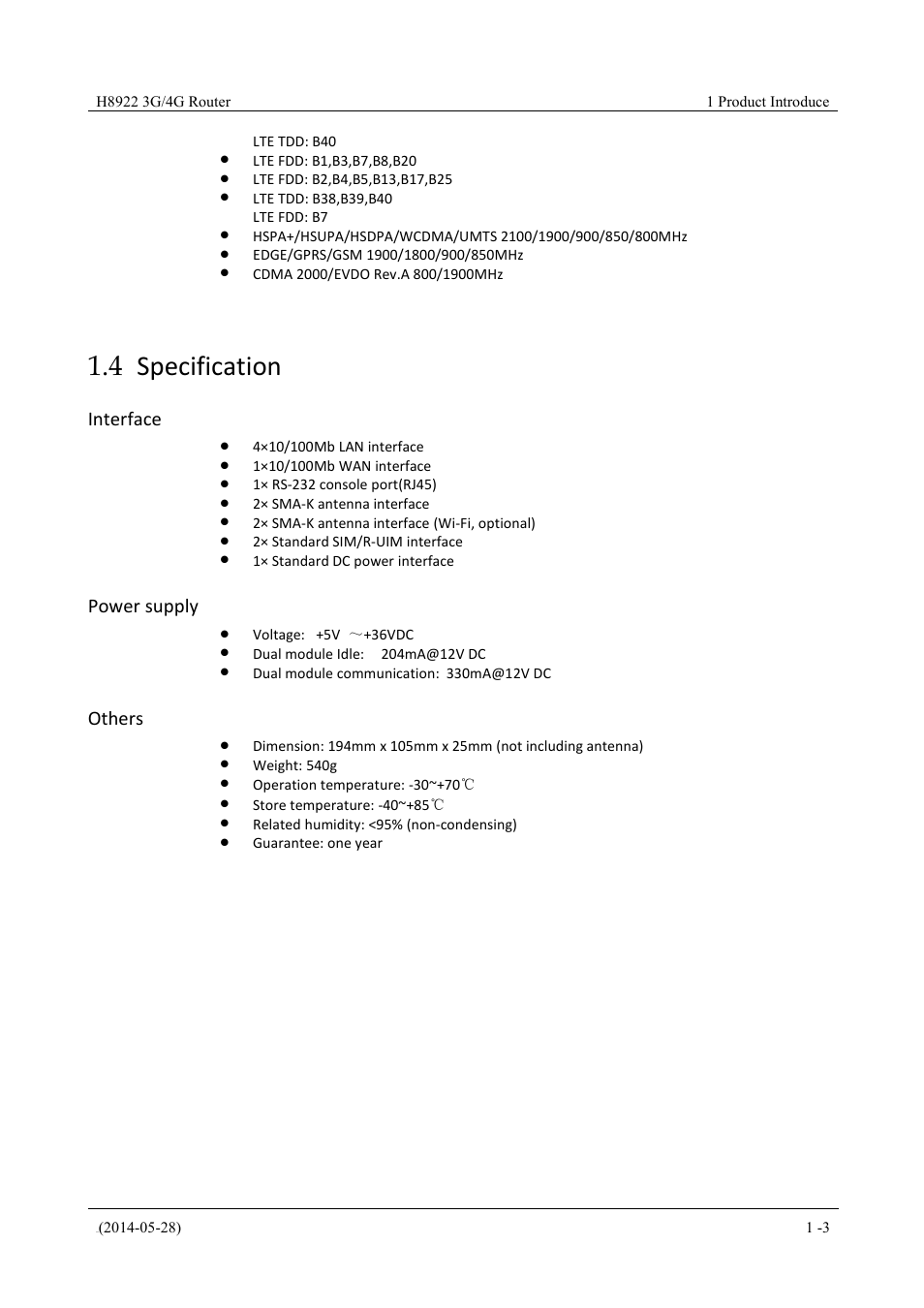 Specification, 4 specification, Interface | Power supply, Others | Hongdian H8922 Dual SIM Single Module User Manual | Page 19 / 145