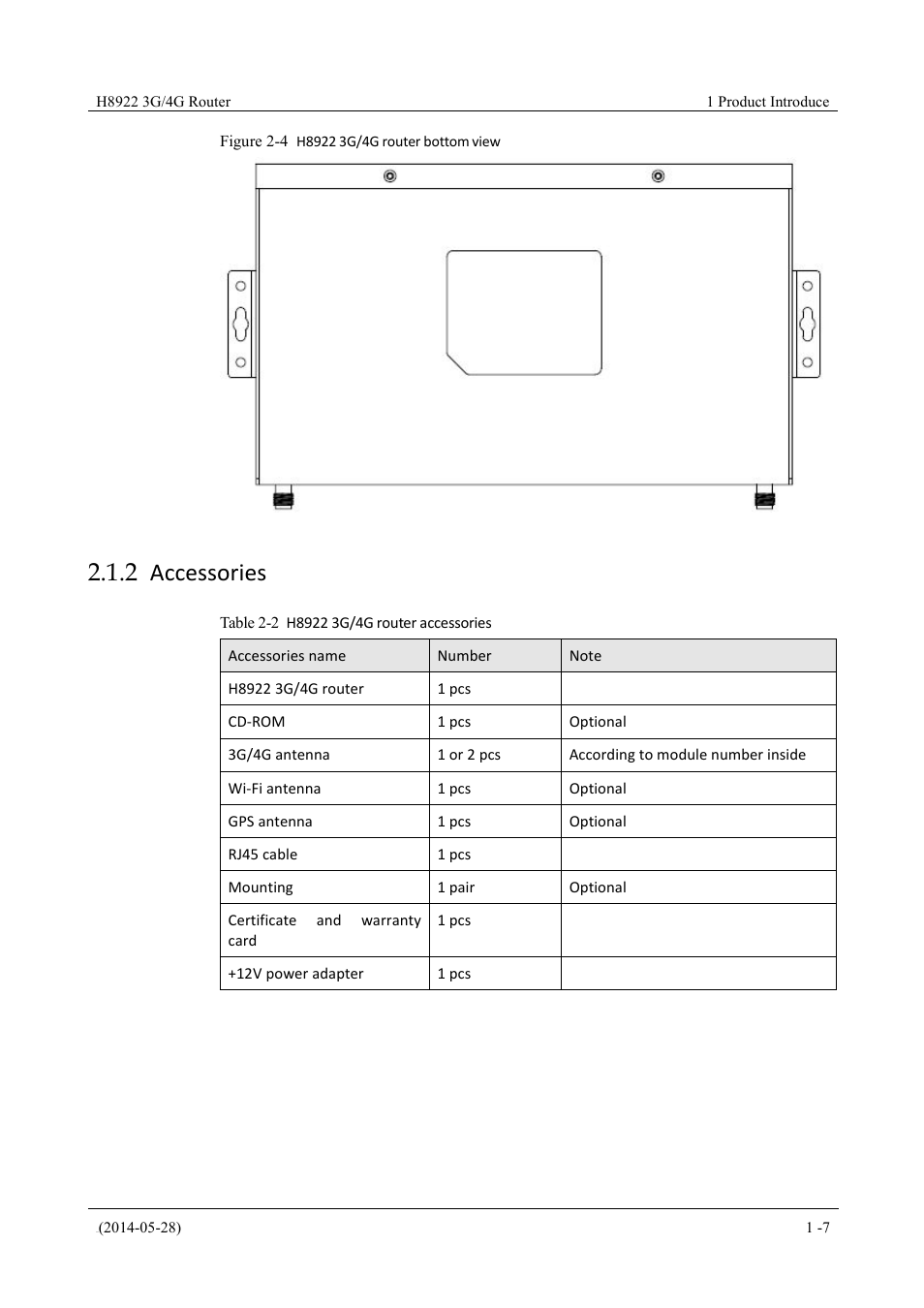 Accessories, 2 accessories, Table 2-2 h8922 3g/4g router accessories | Figure 2-4 h8922 3g/4g router bottom view | Hongdian H8922 Dual SIM Single Module User Manual | Page 23 / 145