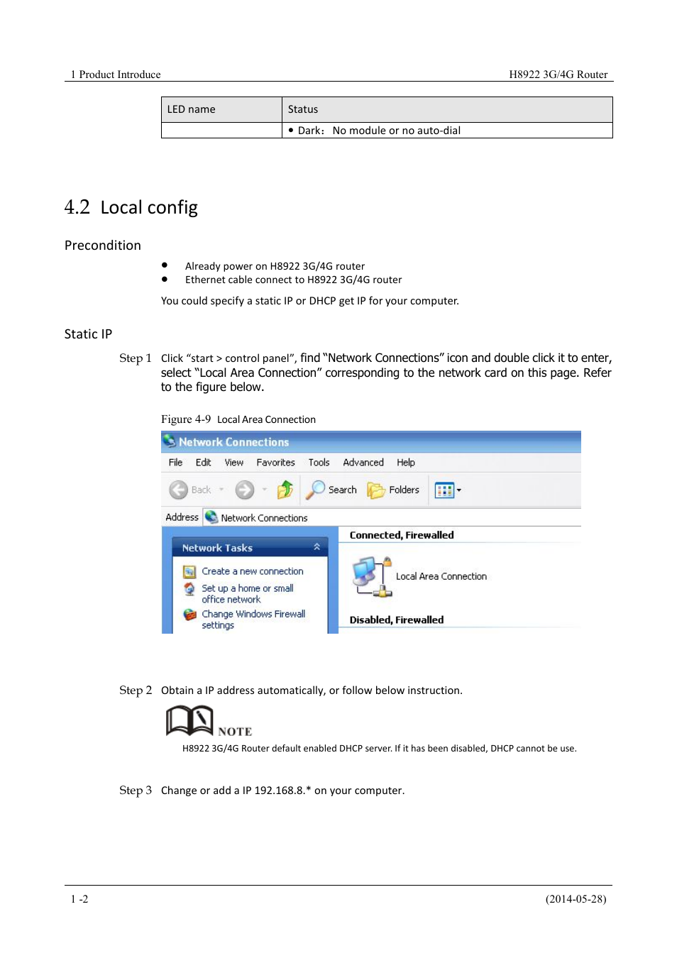 Localconfig, 2 local config, Figure 4-9 local area connection | Precondition, Static ip | Hongdian H8922 Dual SIM Single Module User Manual | Page 30 / 145