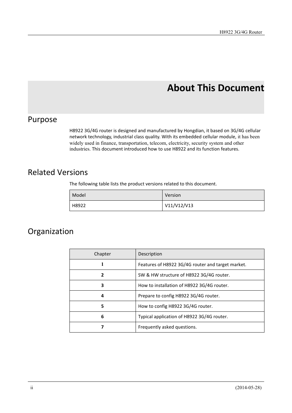 About this document, Purpose, Related versions | Organization | Hongdian H8922 Dual SIM Single Module User Manual | Page 4 / 145
