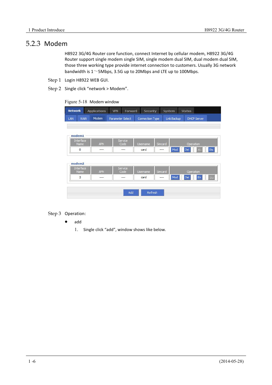 Modem, 3 modem, Figure 5-18 modem window | Hongdian H8922 Dual SIM Single Module User Manual | Page 42 / 145