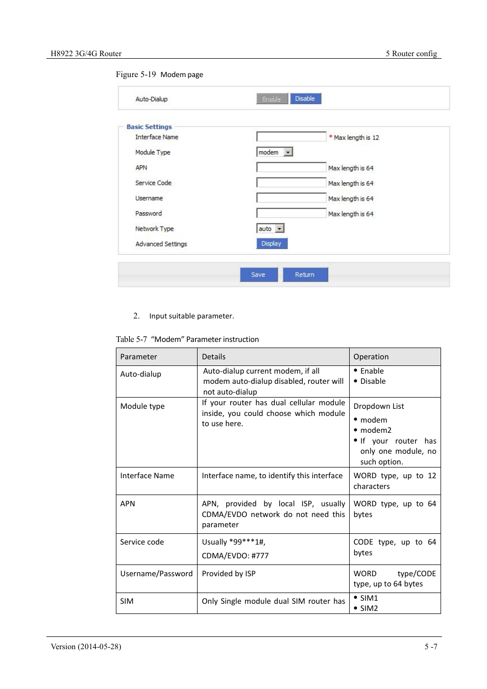 Table 5-7 “modem” parameter instruction | Hongdian H8922 Dual SIM Single Module User Manual | Page 43 / 145