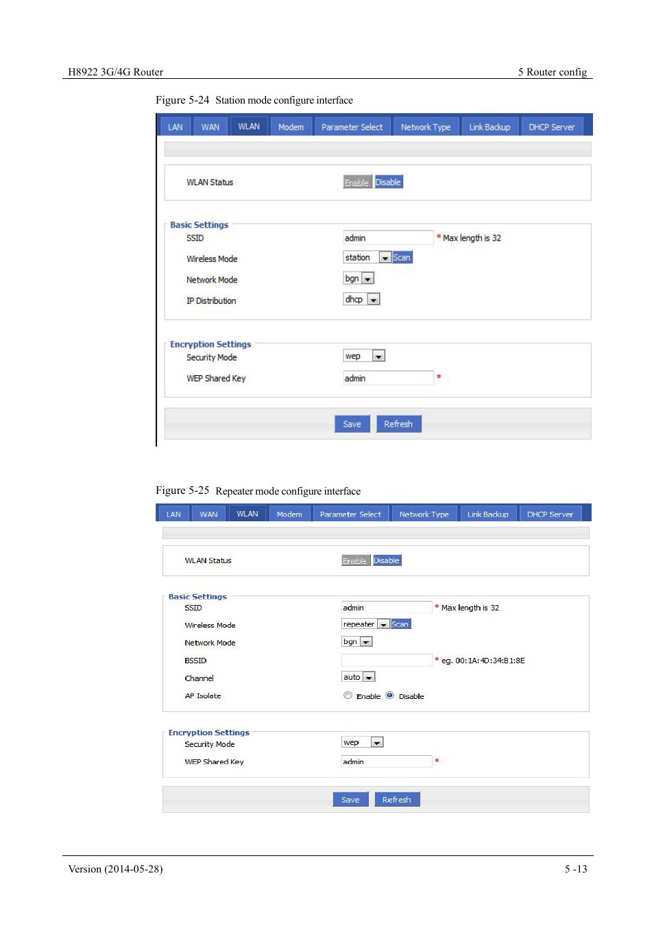 Figure 5-24 station mode configure interface, Figure 5-25 repeater mode configure interface | Hongdian H8922 Dual SIM Single Module User Manual | Page 49 / 145