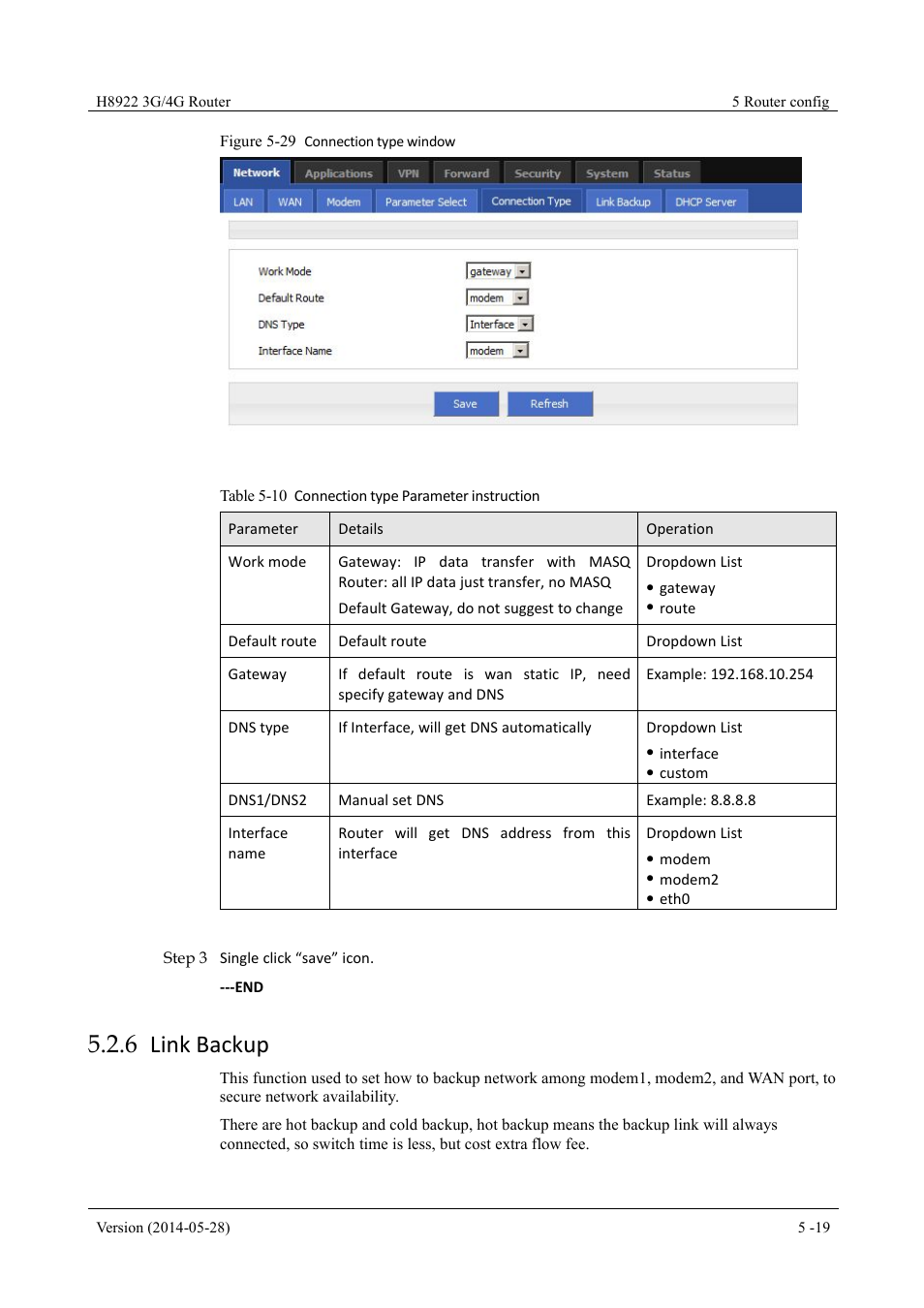 Linkbackup, 6 link backup, Table 5-10 connection type parameter instruction | Figure 5-29 connection type window | Hongdian H8922 Dual SIM Single Module User Manual | Page 55 / 145