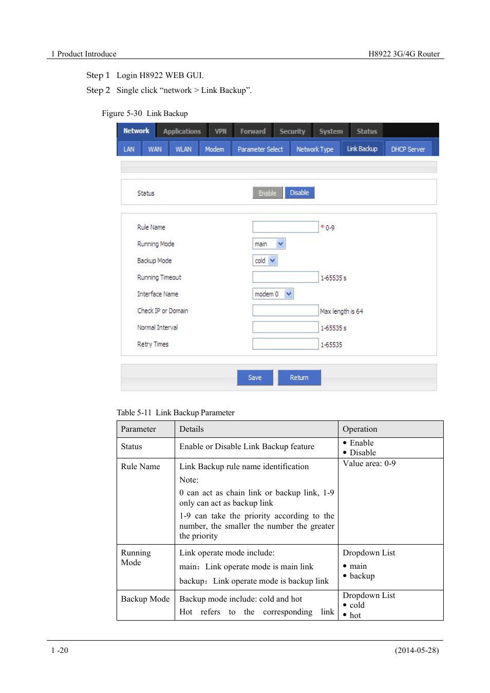 Table 5-11 link backup parameter, Figure 5-30 link backup | Hongdian H8922 Dual SIM Single Module User Manual | Page 56 / 145
