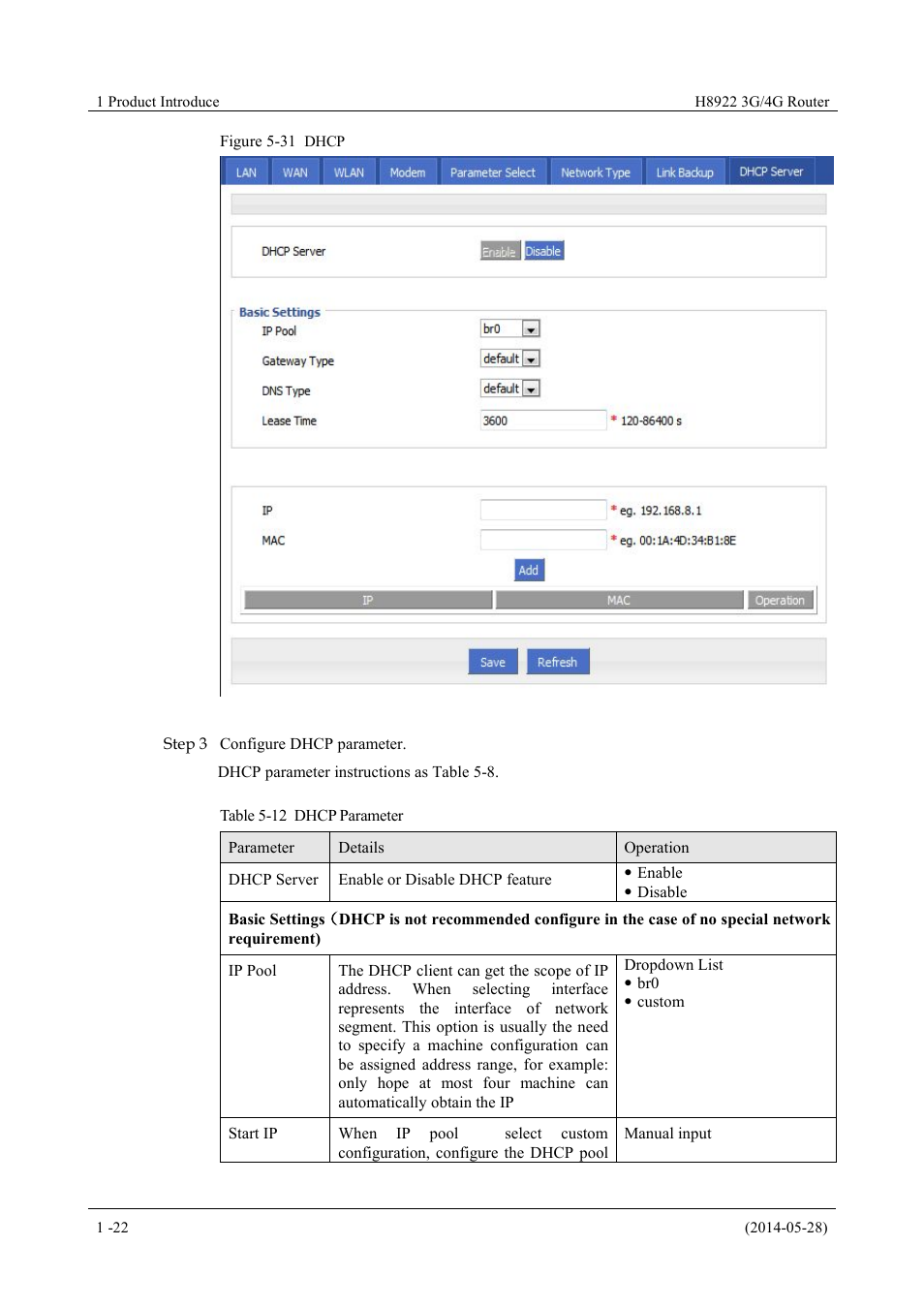Table 5-12 dhcp parameter, Figure 5-31 dhcp | Hongdian H8922 Dual SIM Single Module User Manual | Page 58 / 145