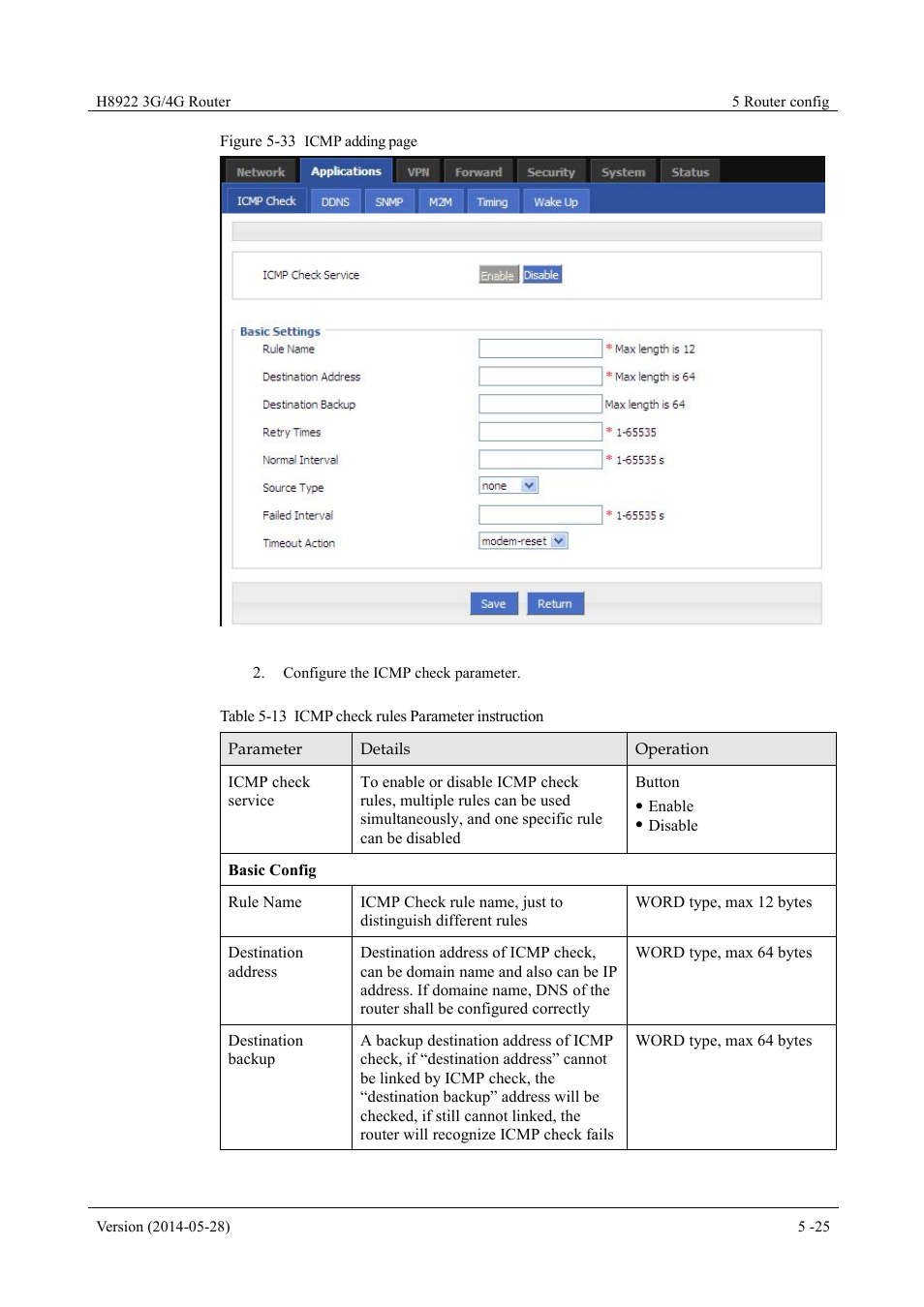 Table 5-13 icmp check rules parameter instruction | Hongdian H8922 Dual SIM Single Module User Manual | Page 61 / 145