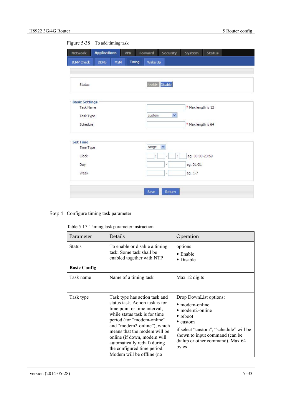 Table 5-17 timing task parameter instruction, Figure 5-38 to add timing task | Hongdian H8922 Dual SIM Single Module User Manual | Page 69 / 145