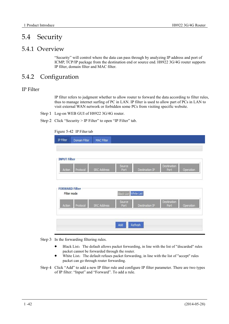 Security, Overview, Configuration | 4 security, 1 overview 5.4.2 configuration, Figure 5-42 ip filter tab, 1 overview, 2 configuration | Hongdian H8922 Dual SIM Single Module User Manual | Page 78 / 145