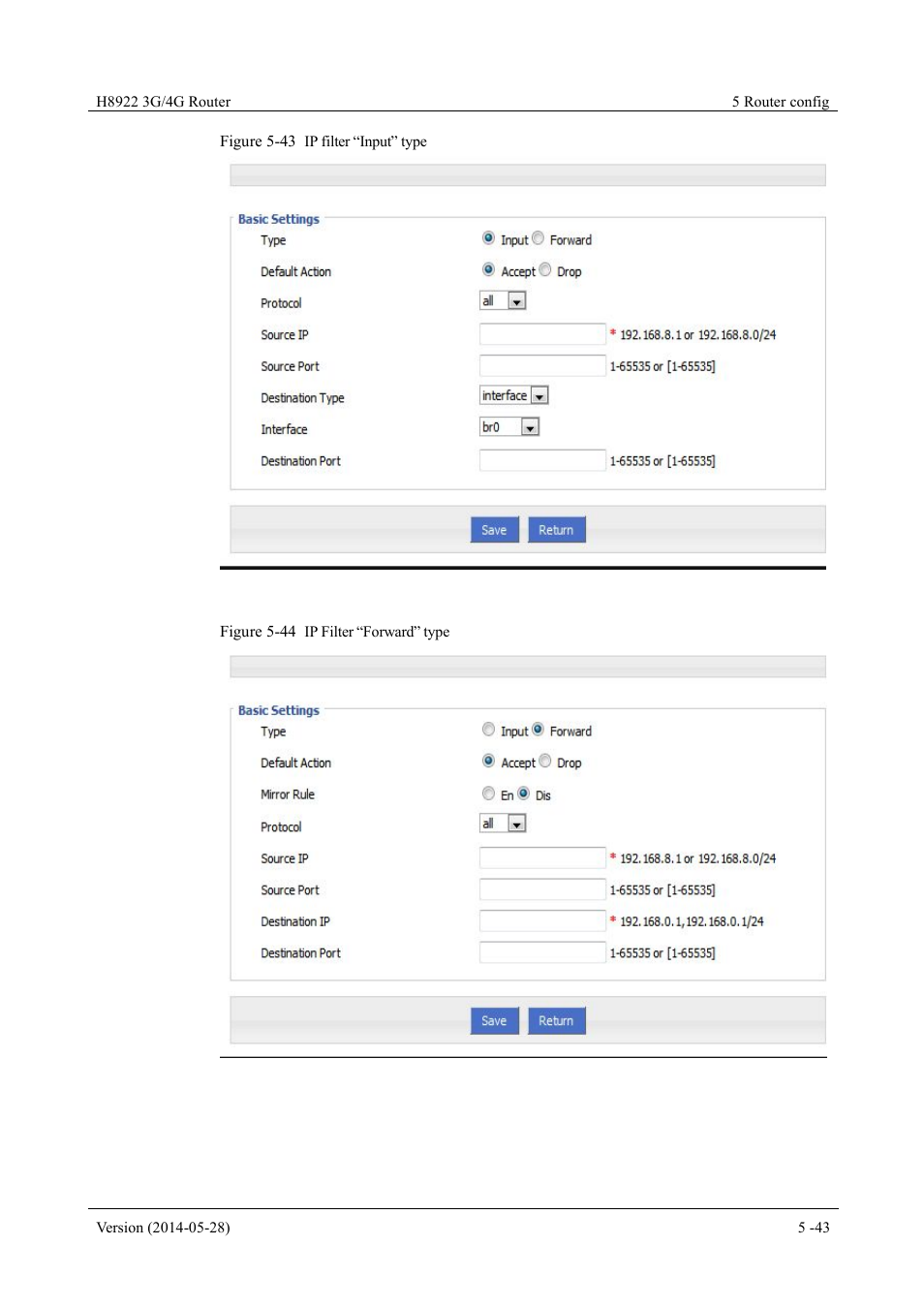 Figure 5-43 ip filter “input” type, Figure 5-44 ip filter “forward” type | Hongdian H8922 Dual SIM Single Module User Manual | Page 79 / 145