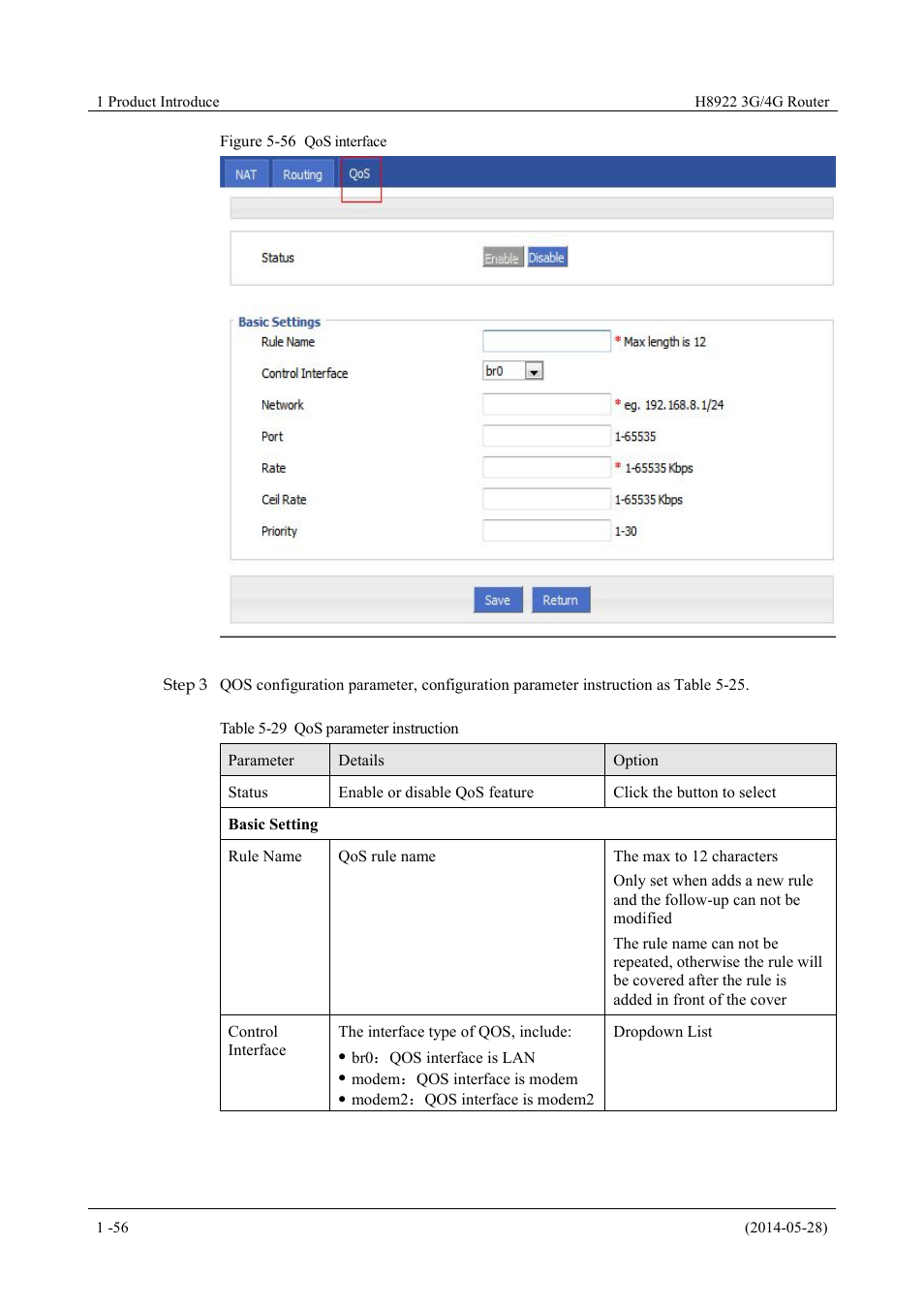 Table 5-29 qos parameter instruction, Figure 5-56 qos interface | Hongdian H8922 Dual SIM Single Module User Manual | Page 92 / 145