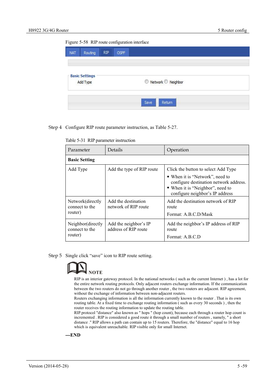 Table 5-31 rip parameter instruction, Figure 5-58 rip route configuration interface | Hongdian H8922 Dual SIM Single Module User Manual | Page 95 / 145