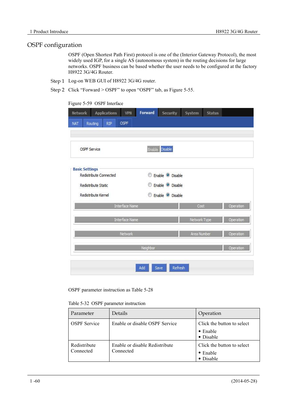 Table 5-32 ospf parameter instruction, Figure 5-59 ospf interface, Ospf configuration | Hongdian H8922 Dual SIM Single Module User Manual | Page 96 / 145