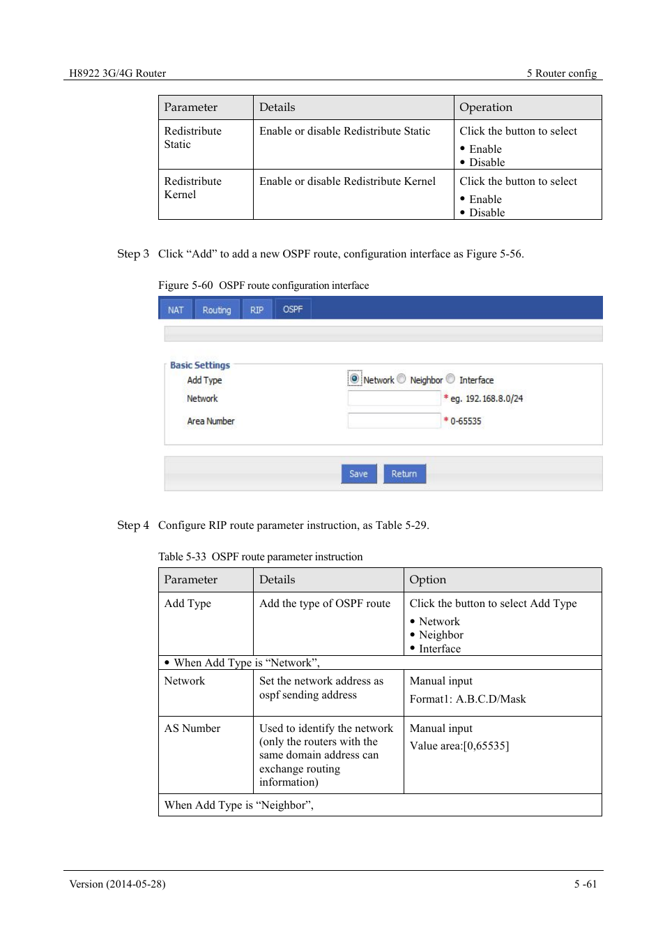 Table 5-33 ospf route parameter instruction, Figure 5-60 ospf route configuration interface | Hongdian H8922 Dual SIM Single Module User Manual | Page 97 / 145