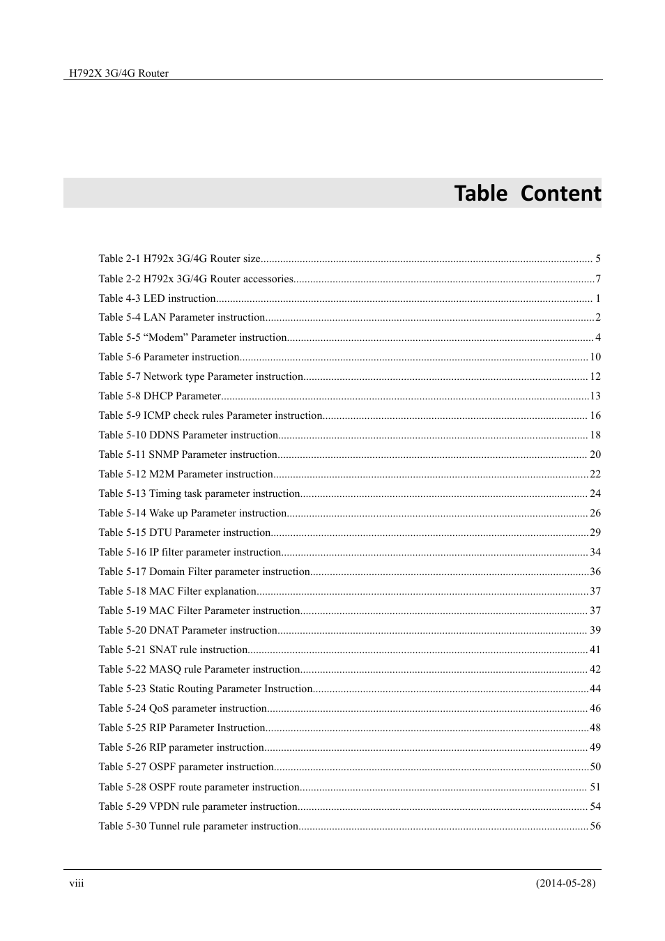 Table content | Hongdian H7921/H7920 Basic 3G/4G Router User Manual | Page 10 / 129