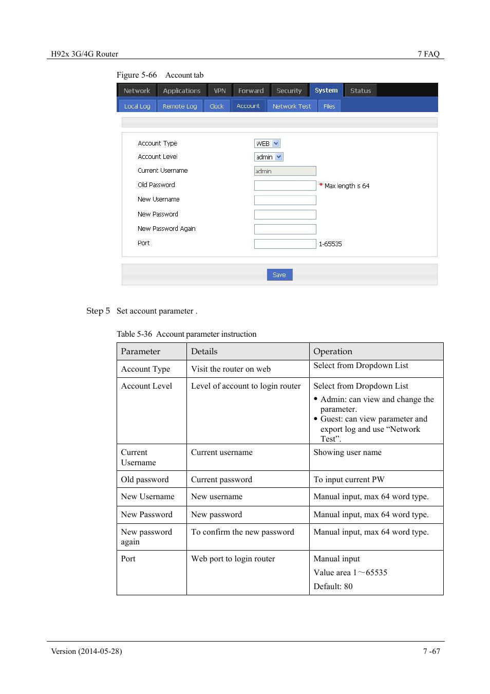 Table 5-36 account parameter instruction, Figure 5-66 account tab | Hongdian H7921/H7920 Basic 3G/4G Router User Manual | Page 101 / 129