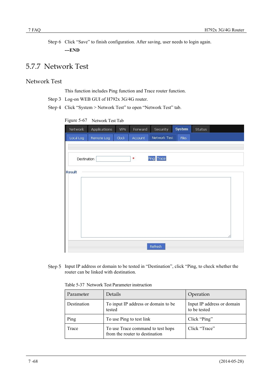 Networktest, 7 network test, Table 5-37 network test parameter instruction | Figure 5-67 network test tab, Network test | Hongdian H7921/H7920 Basic 3G/4G Router User Manual | Page 102 / 129