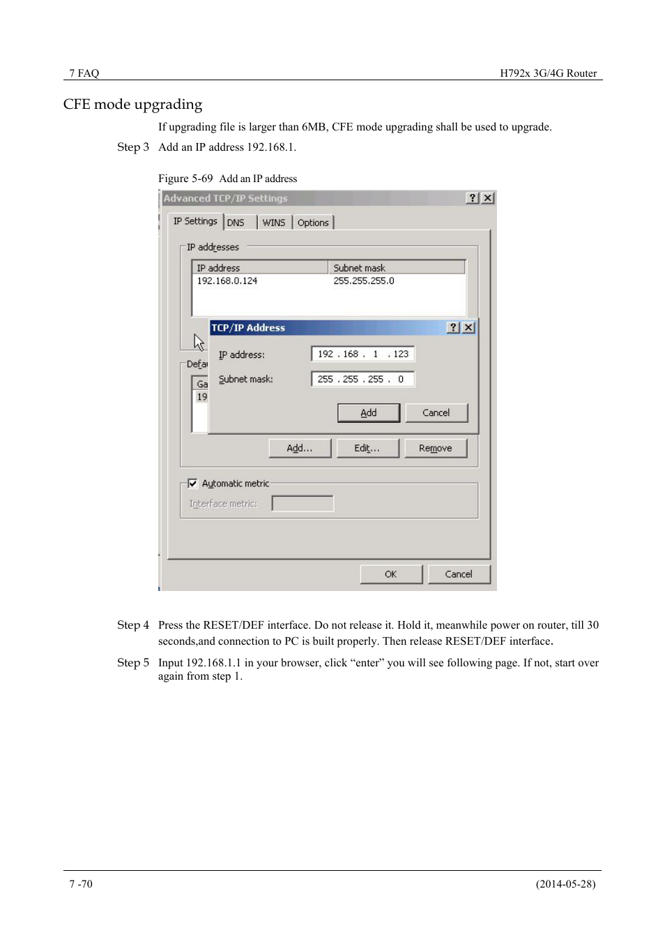 Figure 5-69 add an ip address, Cfe mode upgrading | Hongdian H7921/H7920 Basic 3G/4G Router User Manual | Page 104 / 129