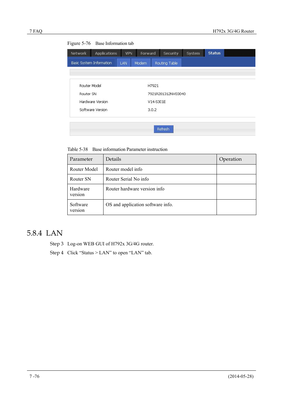 4 lan, Table 5-38 base information parameter instruction, Figure 5-76 base information tab | Hongdian H7921/H7920 Basic 3G/4G Router User Manual | Page 110 / 129