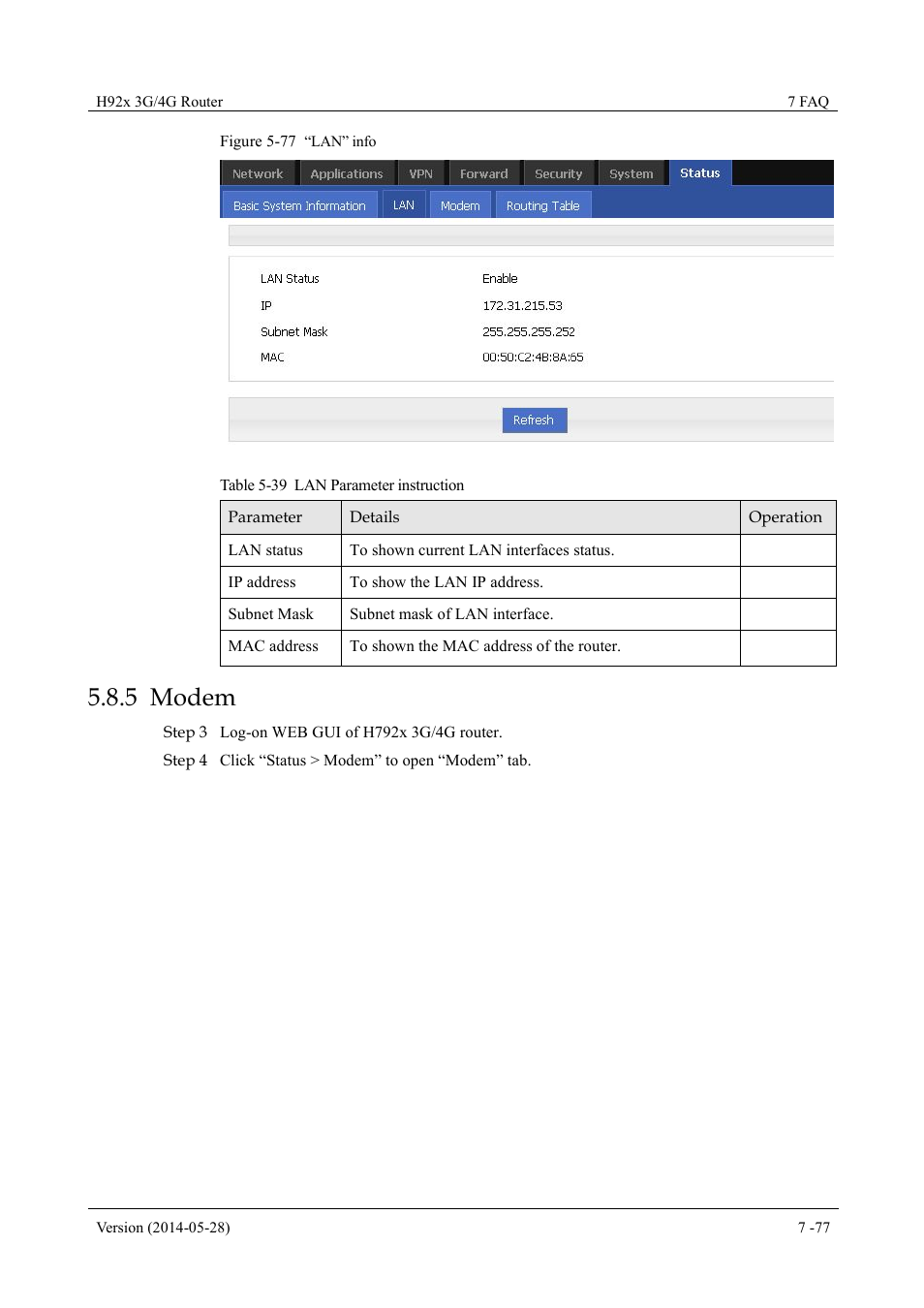 Modem, 5 modem, Table 5-39 lan parameter instruction | Figure 5-77 “lan” info | Hongdian H7921/H7920 Basic 3G/4G Router User Manual | Page 111 / 129