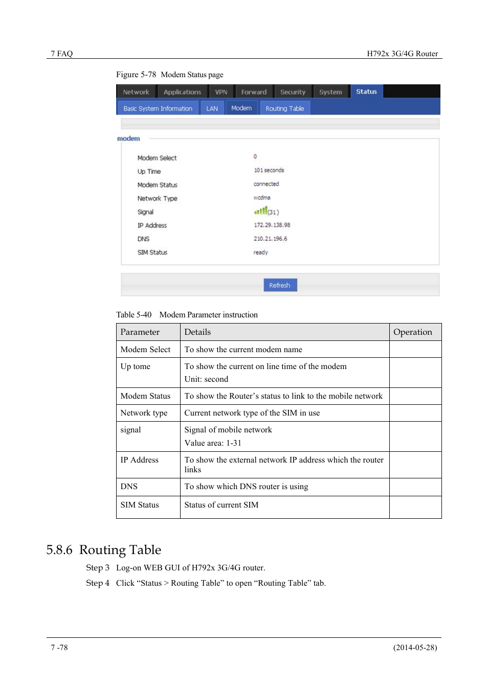 Routingtable, 6 routing table, Table 5-40 modem parameter instruction | Hongdian H7921/H7920 Basic 3G/4G Router User Manual | Page 112 / 129