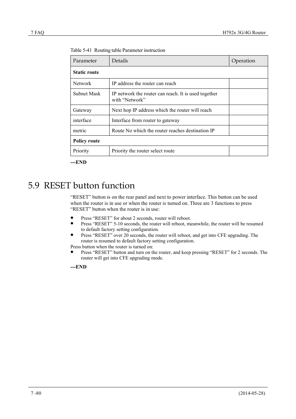 Resetbuttonfunction, 9 reset button function, Table 5-41 routing table parameter instruction | Hongdian H7921/H7920 Basic 3G/4G Router User Manual | Page 114 / 129