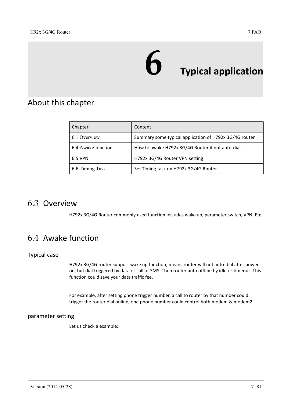 Typicalapplication, Overview, Awakefunction | 6 typical application, 3 overview 6.4 awake function, Typical application, About this chapter, 3 overview, 4 awake function | Hongdian H7921/H7920 Basic 3G/4G Router User Manual | Page 115 / 129