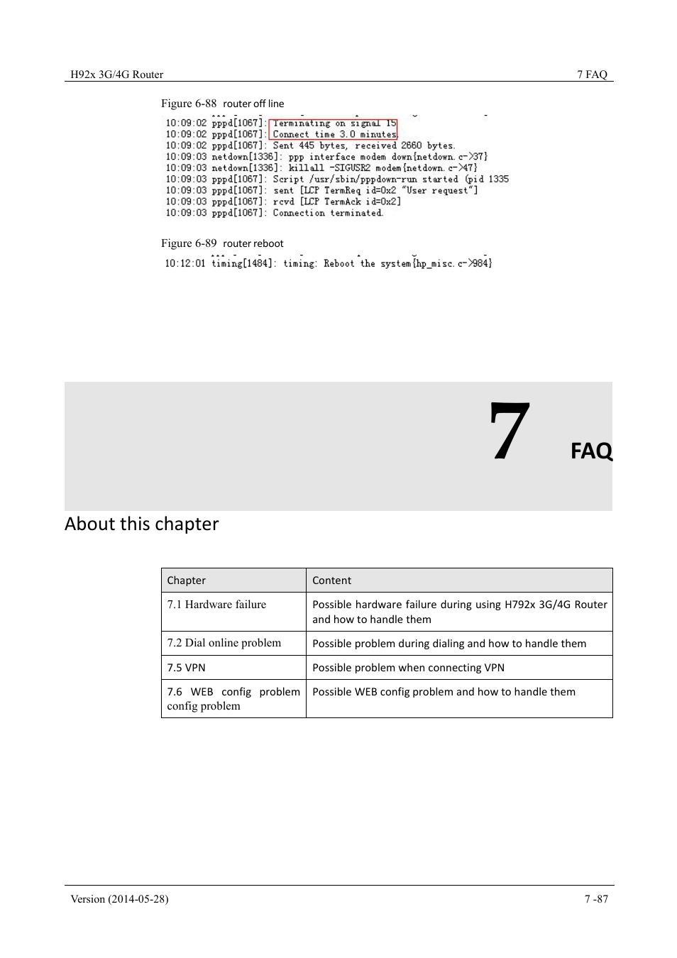 7 faq, Figure 6-88 router off line, Figure 6-89 router reboot | About this chapter | Hongdian H7921/H7920 Basic 3G/4G Router User Manual | Page 121 / 129