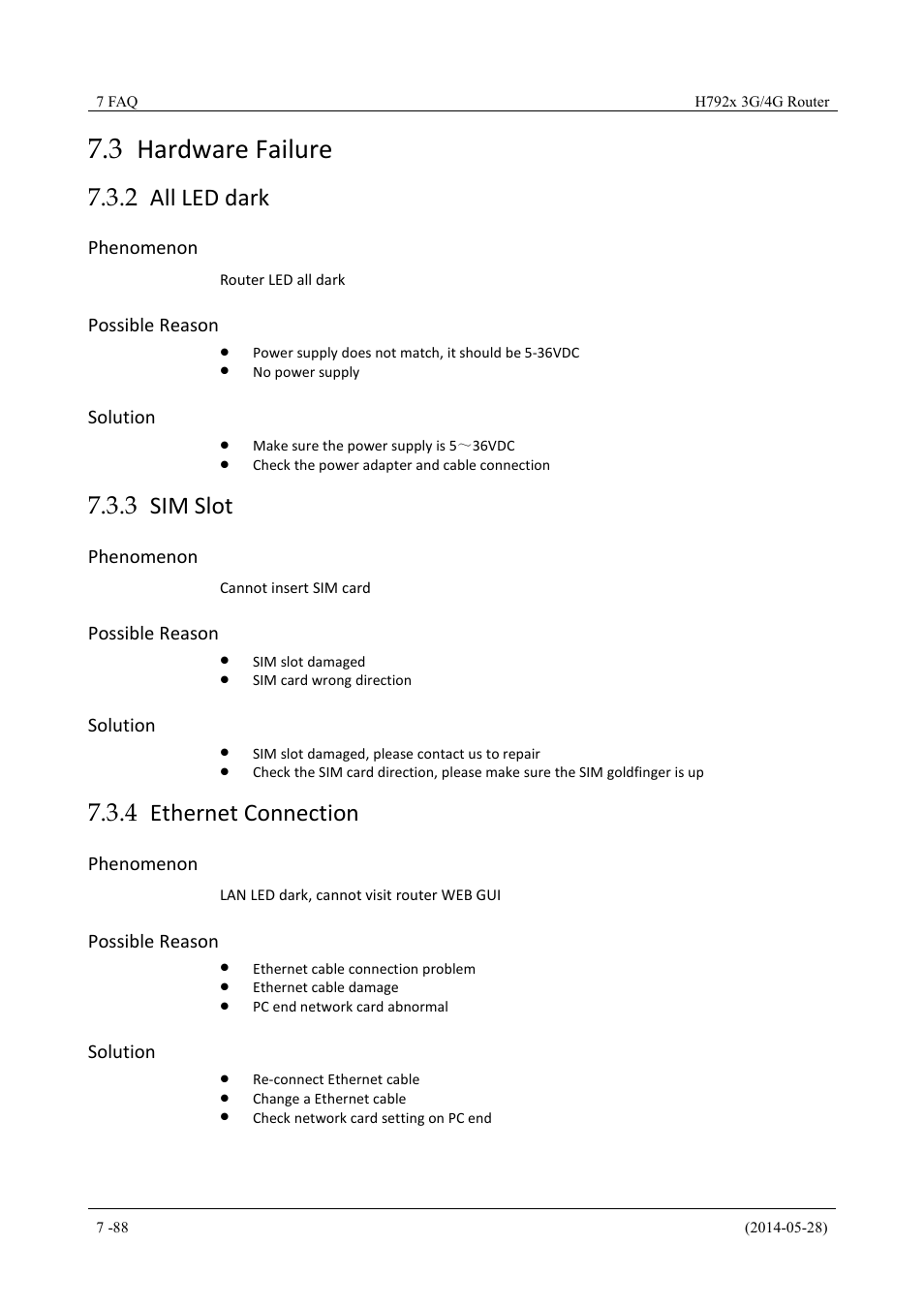 Hardwarefailure, Allleddark, Simslot | Ethernetconnection, 3 hardware failure, 2 all led dark, 3 sim slot, 4 ethernet connection, Phenomenon, Possible reason | Hongdian H7921/H7920 Basic 3G/4G Router User Manual | Page 122 / 129