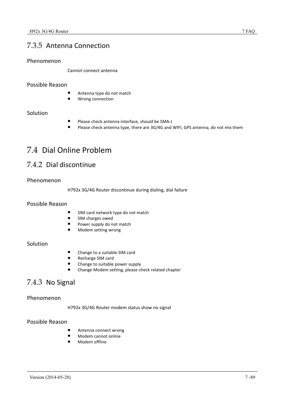 Antennaconnection, Dialonlineproblem, Dialdiscontinue | Nosignal, 5 antenna connection, 4 dial online problem, 2 dial discontinue 7.4.3 no signal, 2 dial discontinue, 3 no signal, Phenomenon | Hongdian H7921/H7920 Basic 3G/4G Router User Manual | Page 123 / 129