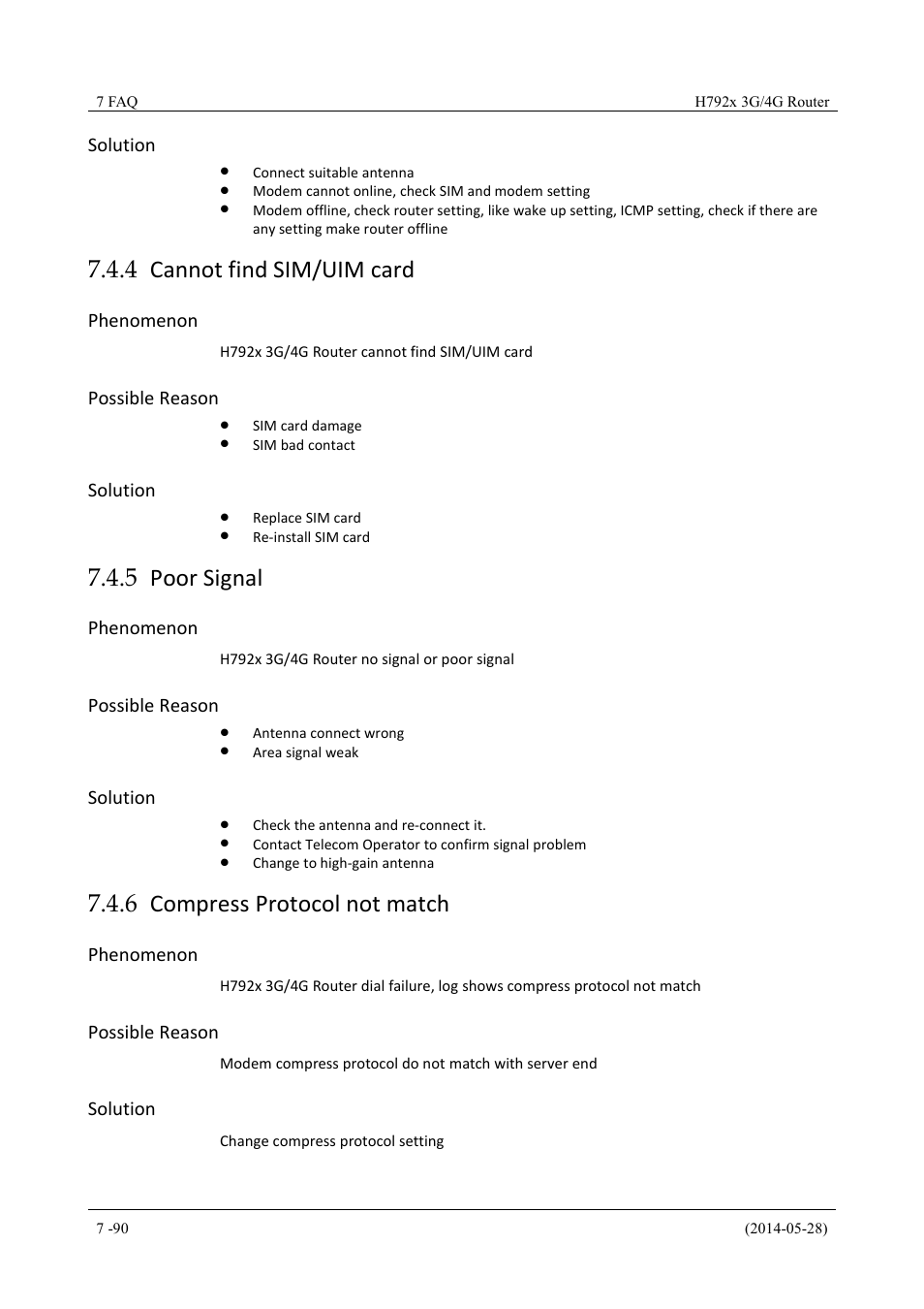 Cannotfindsim/uimcard, Poorsignal, Compressprotocolnotmatch | 4 cannot find sim/uim card, 5 poor signal, 6 compress protocol not match, Solution, Phenomenon, Possible reason | Hongdian H7921/H7920 Basic 3G/4G Router User Manual | Page 124 / 129