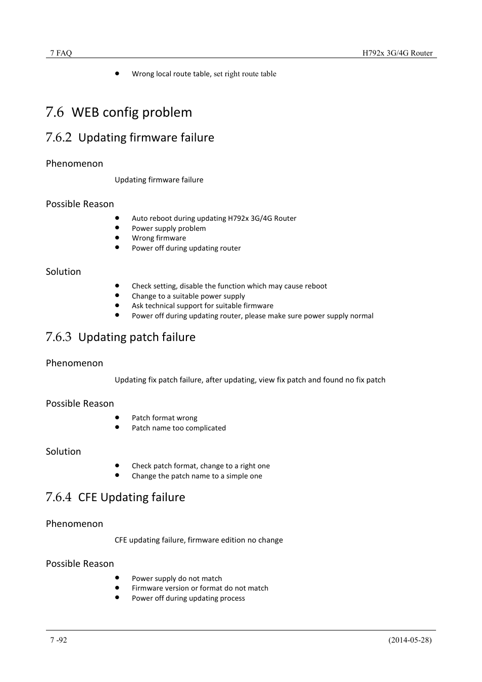 Webconfigproblem, Updatingfirmwarefailure, Updatingpatchfailure | Cfeupdatingfailure, 6 web config problem, 2 updating firmware failure, 3 updating patch failure, 4 cfe updating failure, Phenomenon, Possible reason | Hongdian H7921/H7920 Basic 3G/4G Router User Manual | Page 126 / 129