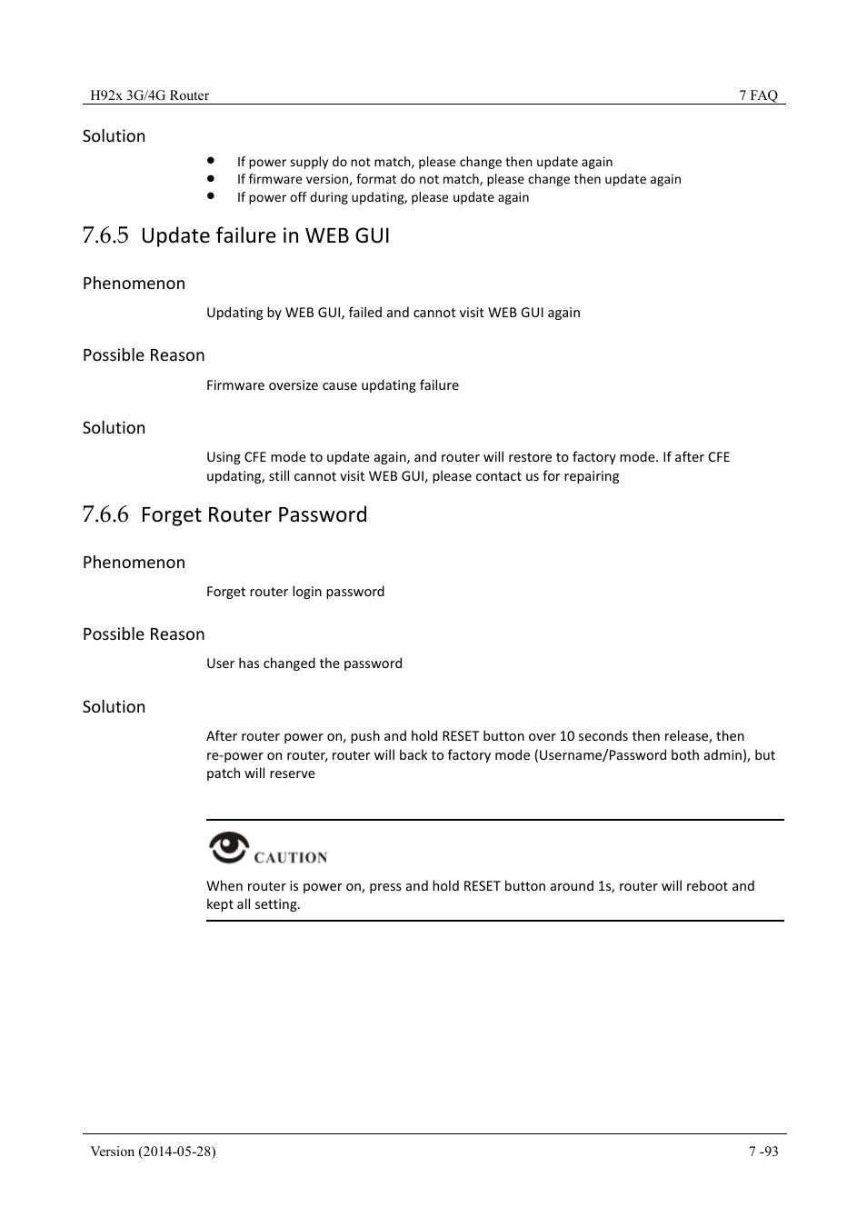 Updatefailureinwebgui, Forgetrouterpassword, 5 update failure in web gui | 6 forget router password | Hongdian H7921/H7920 Basic 3G/4G Router User Manual | Page 127 / 129