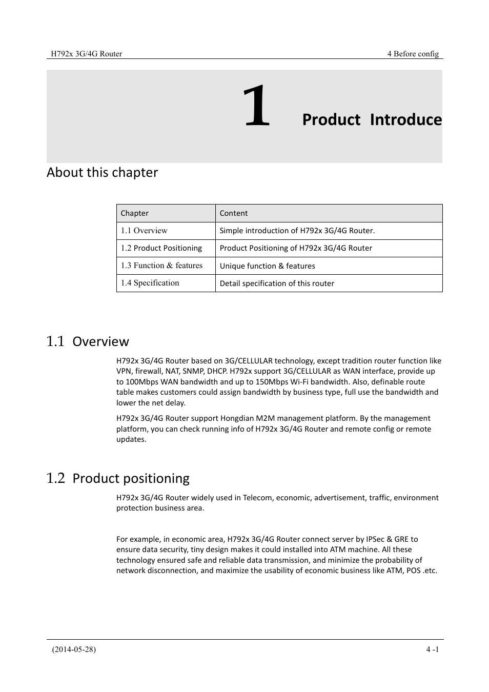 Productintroduce, Overview, Productpositioning | 1 product introduce, 1 overview 1.2 product positioning, Product introduce, About this chapter, 1 overview, 2 product positioning | Hongdian H7921/H7920 Basic 3G/4G Router User Manual | Page 17 / 129