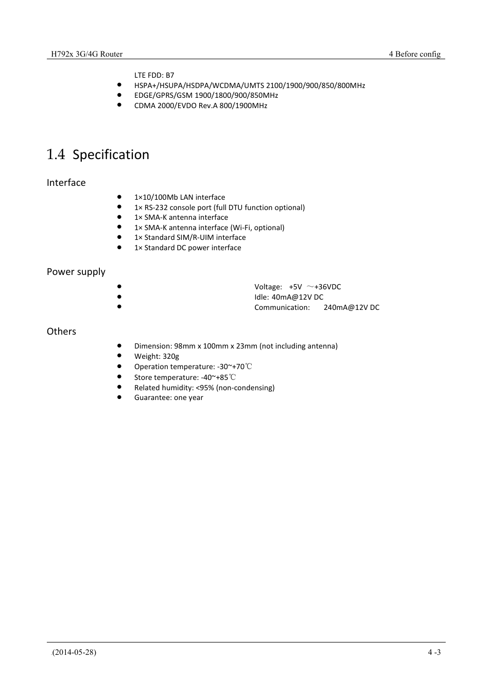 Specification, 4 specification, Interface | Power supply, Others | Hongdian H7921/H7920 Basic 3G/4G Router User Manual | Page 19 / 129