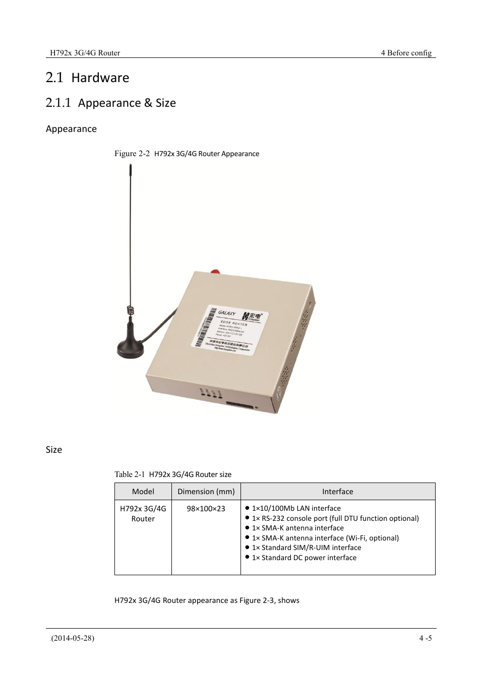 Hardware, Appearance&size, 1 hardware | 1 appearance & size, Table 2-1 h792x 3g/4g router size, Figure 2-2 h792x 3g/4g router appearance, Appearance, Size | Hongdian H7921/H7920 Basic 3G/4G Router User Manual | Page 21 / 129