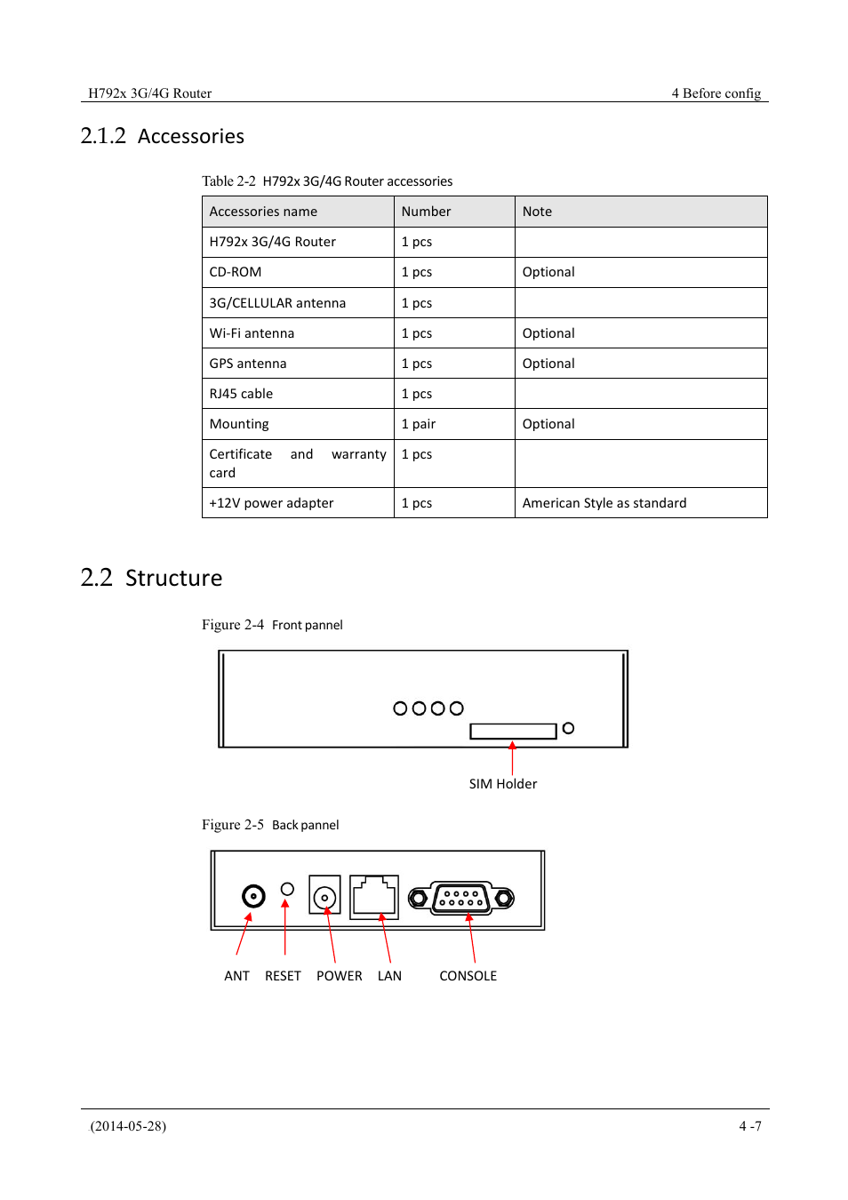 Accessories, Structure, 2 accessories | 2 structure, Table 2-2 h792x 3g/4g router accessories, Figure 2-4 front pannel, Figure 2-5 back pannel | Hongdian H7921/H7920 Basic 3G/4G Router User Manual | Page 23 / 129