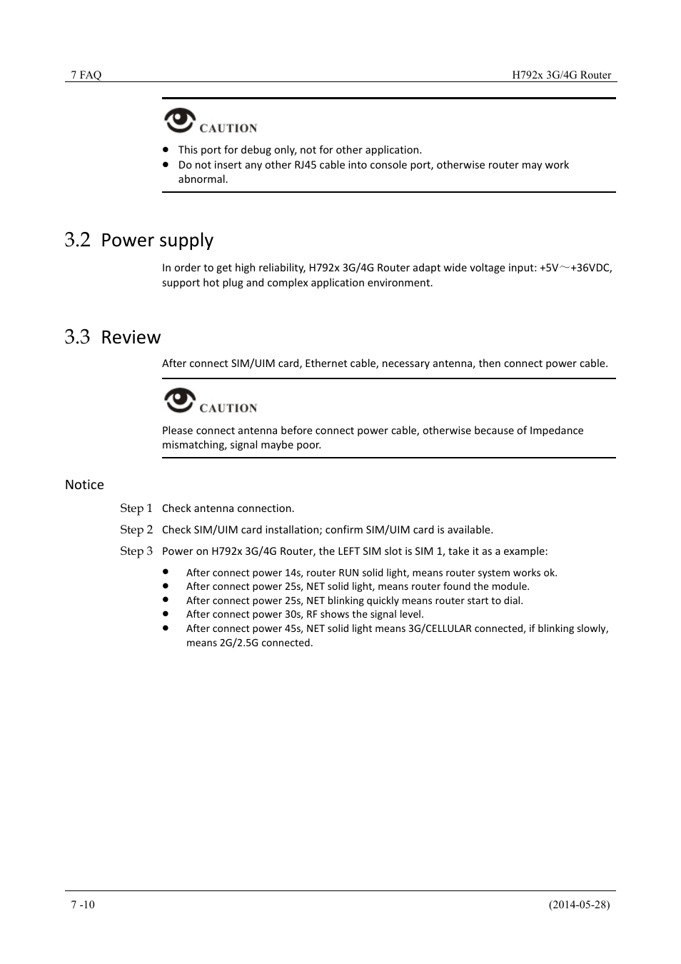 Powersupply, Review, 2 power supply 3.3 review | 2 power supply, 3 review, Notice | Hongdian H7921/H7920 Basic 3G/4G Router User Manual | Page 26 / 129