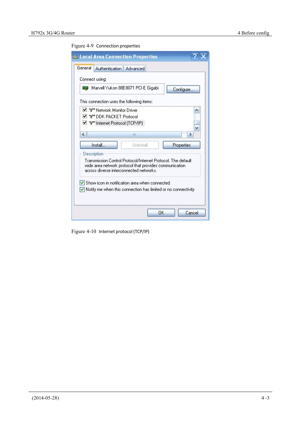 Figure 4-9 connection properties, Figure 4-10 internet protocol (tcp/ip) | Hongdian H7921/H7920 Basic 3G/4G Router User Manual | Page 29 / 129