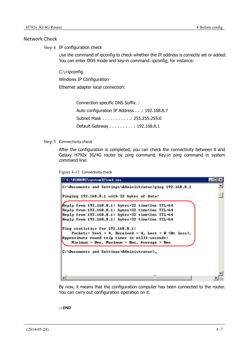 Figure 4-13 connectivity check, Network check | Hongdian H7921/H7920 Basic 3G/4G Router User Manual | Page 33 / 129