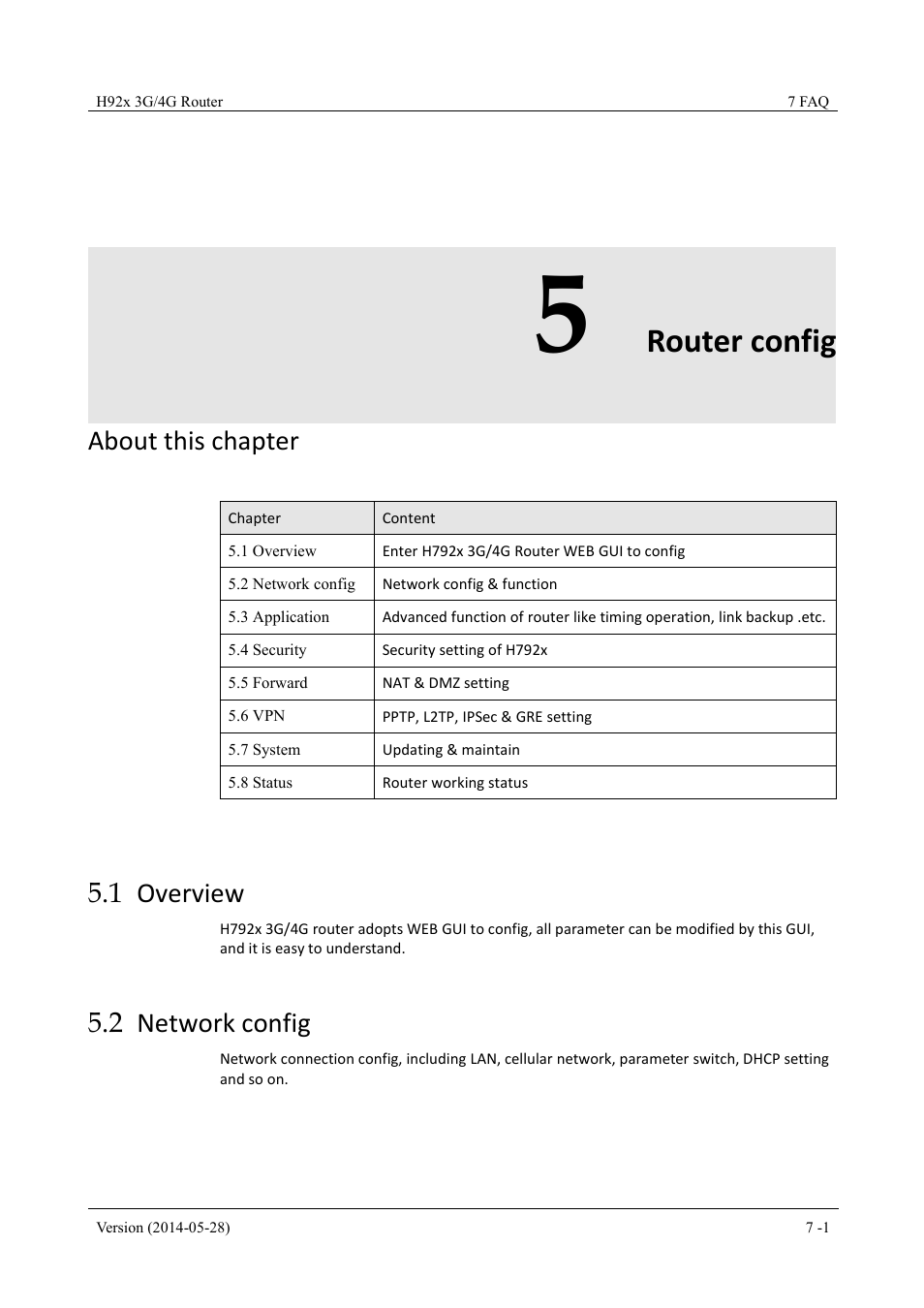 Routerconfig, Overview, Networkconfig | 5 router config, 1 overview 5.2 network config, Router config, About this chapter, 1 overview, 2 network config | Hongdian H7921/H7920 Basic 3G/4G Router User Manual | Page 35 / 129