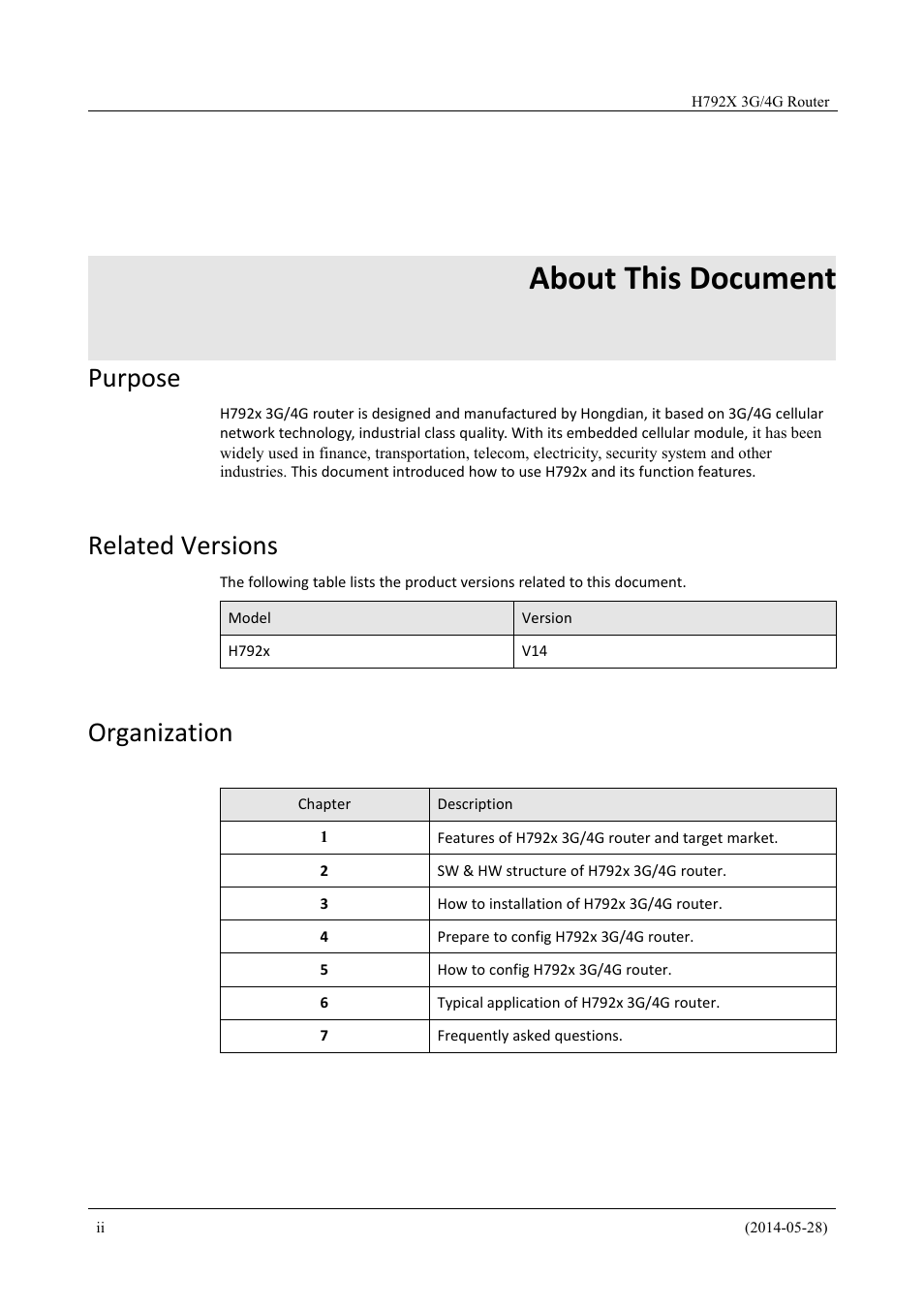 About this document, Purpose, Related versions | Organization | Hongdian H7921/H7920 Basic 3G/4G Router User Manual | Page 4 / 129