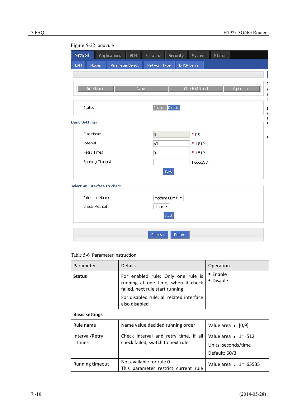 Table 5-6 parameter instruction, Figure 5-22 add rule | Hongdian H7921/H7920 Basic 3G/4G Router User Manual | Page 44 / 129
