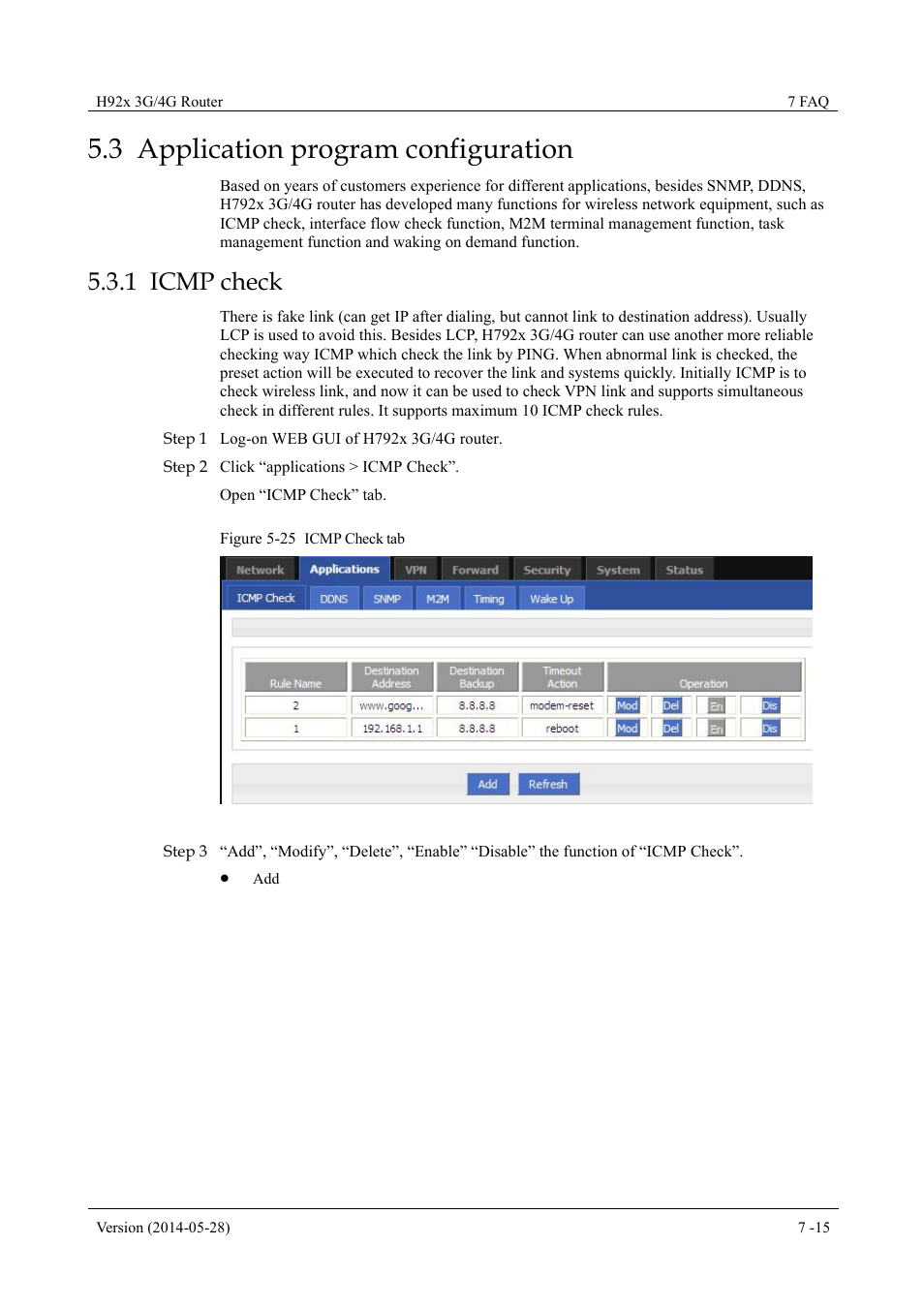 Applicationprogramconfiguration, Icmpcheck, 3 application program configuration | 1 icmp check, Figure 5-25 icmp check tab | Hongdian H7921/H7920 Basic 3G/4G Router User Manual | Page 49 / 129