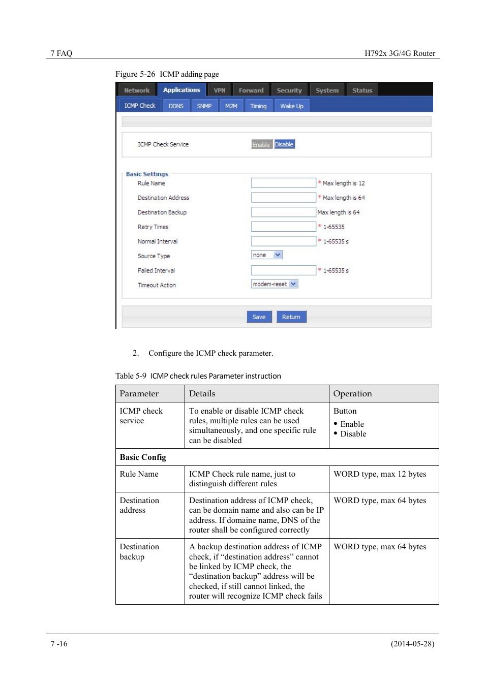 Table 5-9 icmp check rules parameter instruction | Hongdian H7921/H7920 Basic 3G/4G Router User Manual | Page 50 / 129