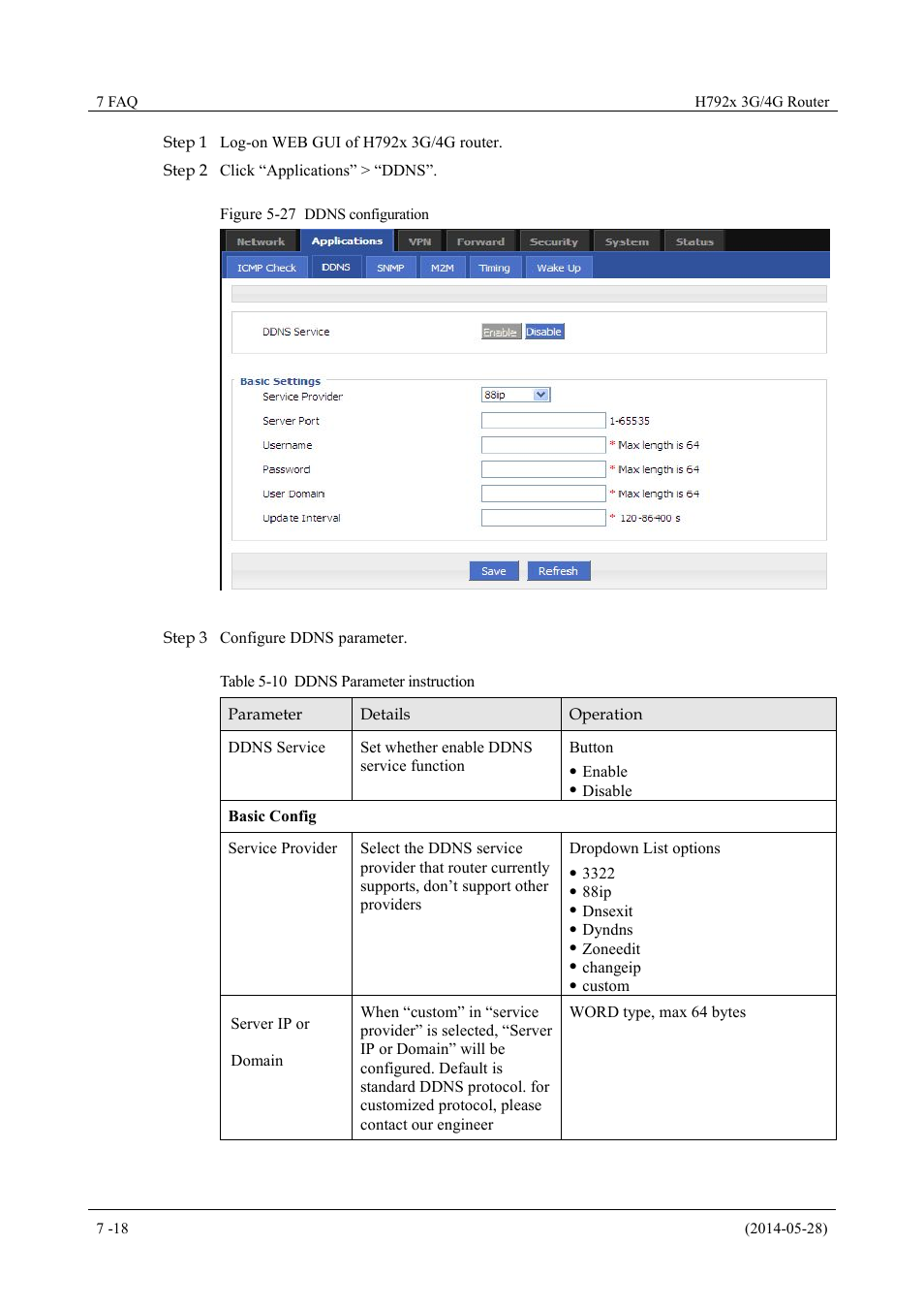 Table 5-10 ddns parameter instruction, Figure 5-27 ddns configuration | Hongdian H7921/H7920 Basic 3G/4G Router User Manual | Page 52 / 129