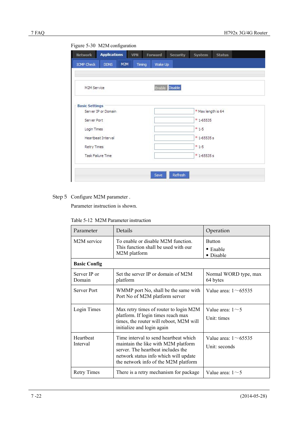 Table 5-12 m2m parameter instruction, Figure 5-30 m2m configuration | Hongdian H7921/H7920 Basic 3G/4G Router User Manual | Page 56 / 129