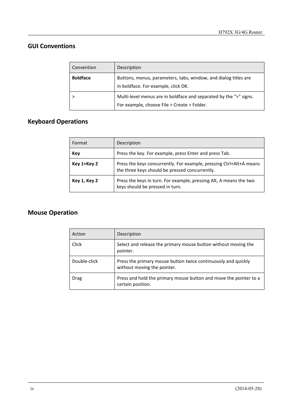 Gui conventions, Keyboard operations, Mouse operation | Hongdian H7921/H7920 Basic 3G/4G Router User Manual | Page 6 / 129