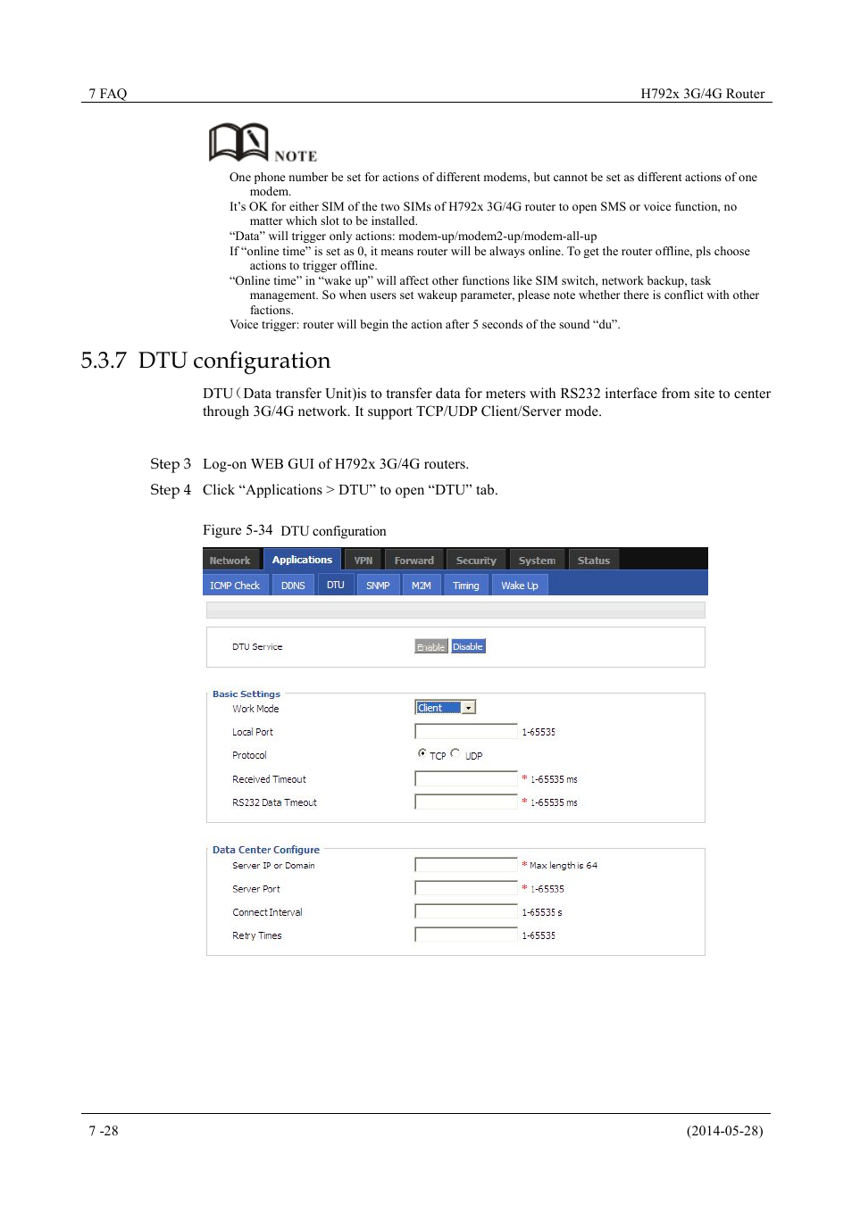 Dtuconfiguration, 7 dtu configuration, Figure 5-34 dtu configuration | Hongdian H7921/H7920 Basic 3G/4G Router User Manual | Page 62 / 129