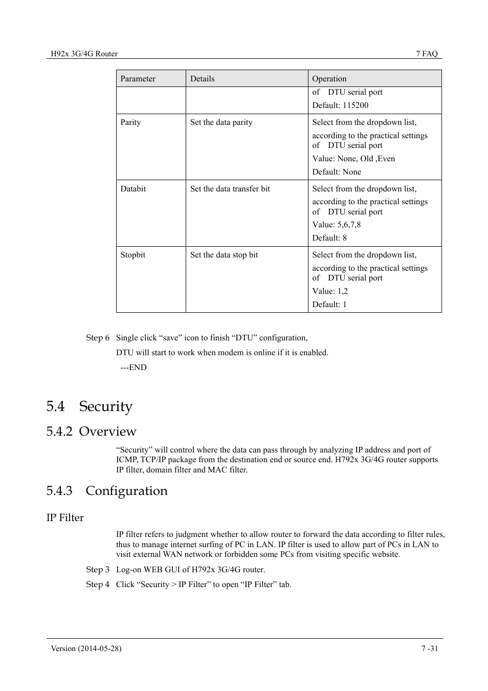 Security, Overview, Configuration | 4 security, 2 overview 5.4.3 configuration, 2 overview, 3 configuration | Hongdian H7921/H7920 Basic 3G/4G Router User Manual | Page 65 / 129